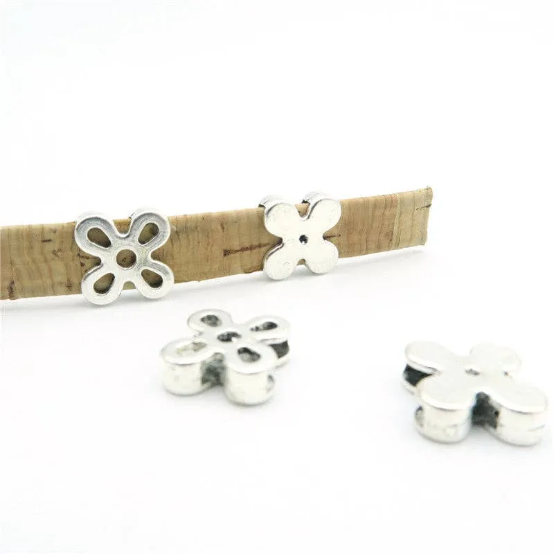 10 Pcs for 10mm flat leather, Antique Silver flower slider  beads jewelry supplies jewelry finding D-1-10-126