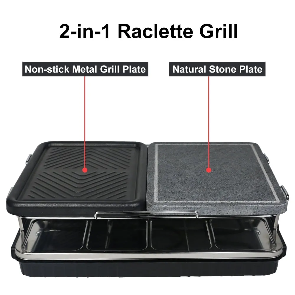 1300w Dual Raclette Table Grill w Non-Stick Grilling Plate & Cooking Stone- 8 Person Electric Tabletop Cooker for Korean BBQ- Melt Cheese, Cook Meat & Veggies at Once