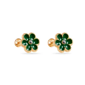 14E00447-GREEN - 14 Karat Green Flower Enamel 8.5mm Clear CZ Screw Back Earrings