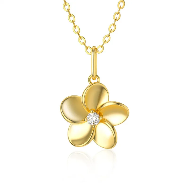 14K Solid Gold Diamond Flower Pendant Necklace