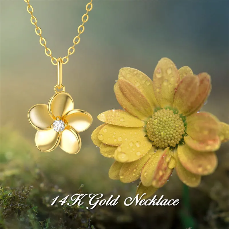 14K Solid Gold Diamond Flower Pendant Necklace