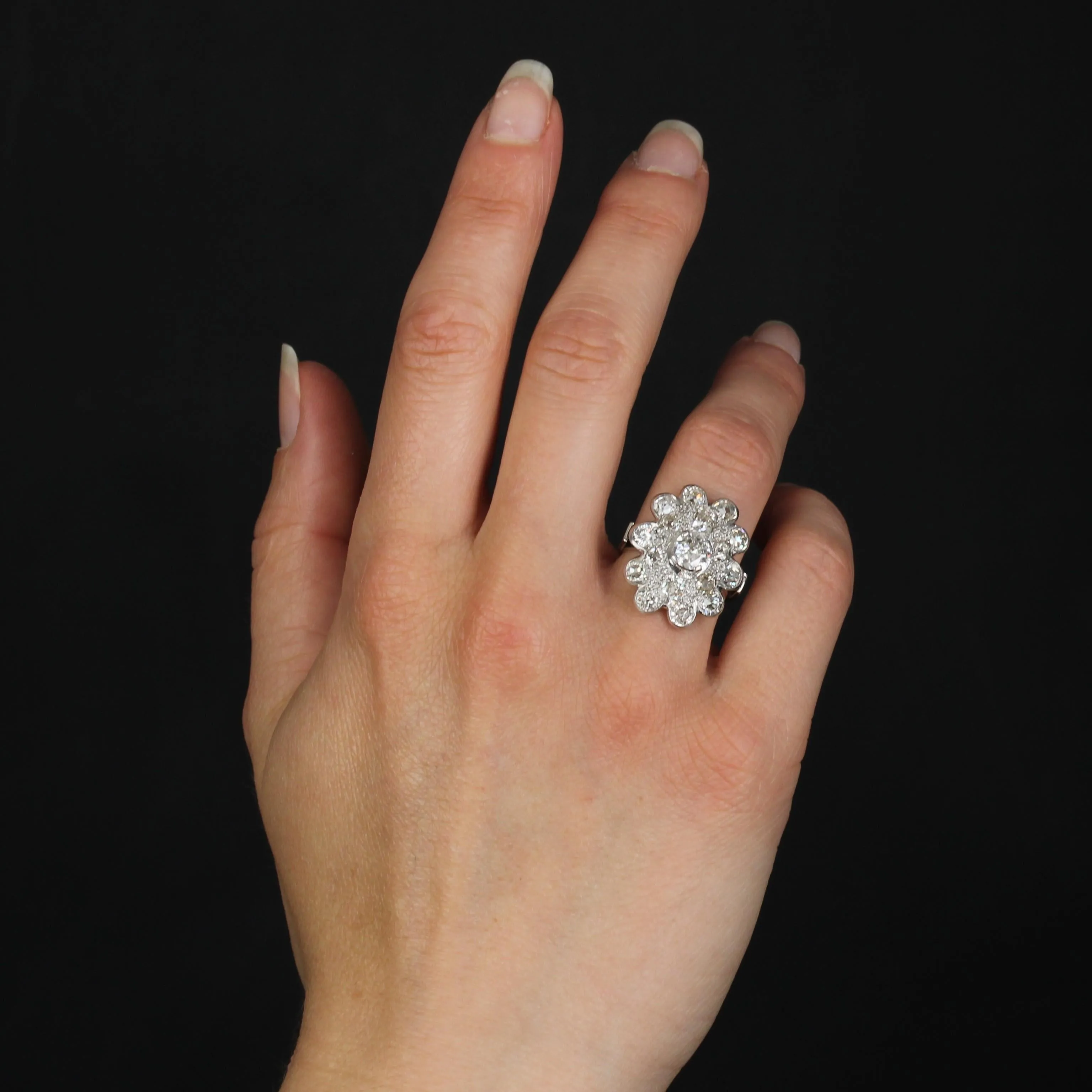 1950s 2.65 Carat Diamonds 18 Karat White Gold Flower Ring