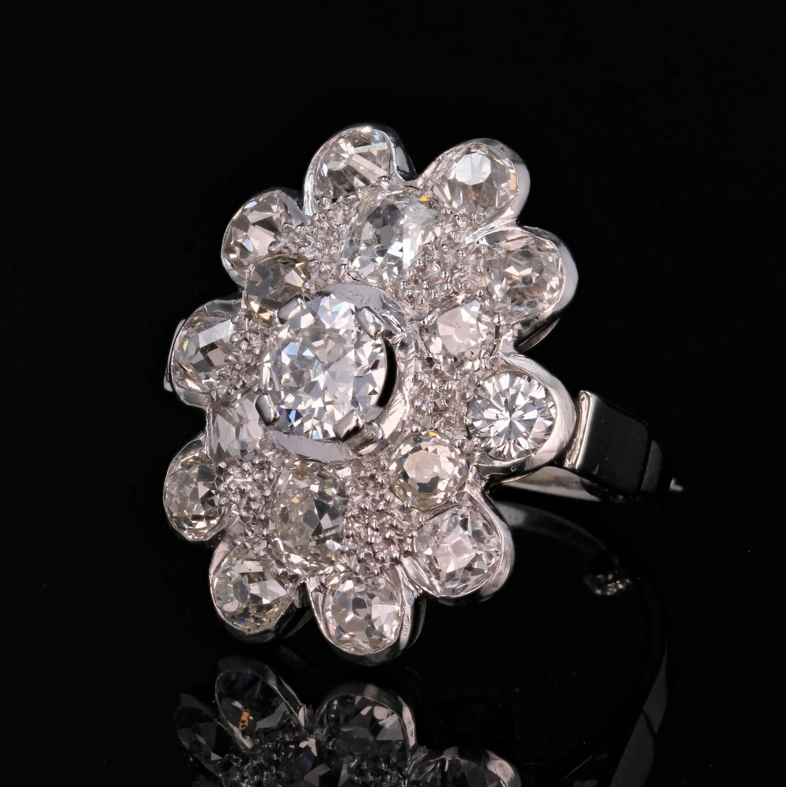 1950s 2.65 Carat Diamonds 18 Karat White Gold Flower Ring