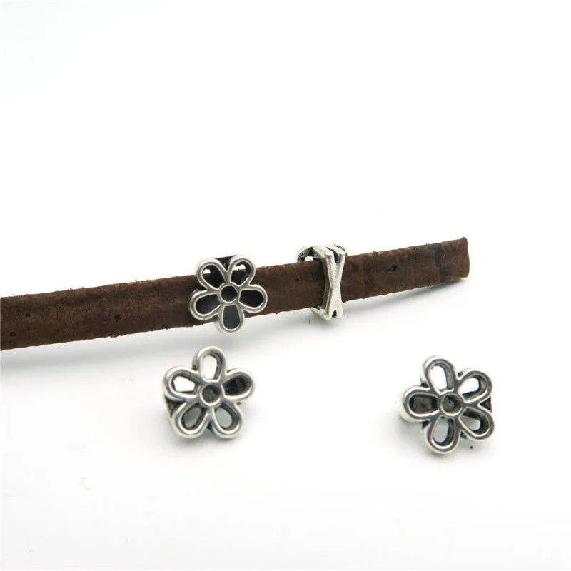 20pcs For 5mm flat leather slider antique silver flower, jewelry finding supplies D-1-5-14