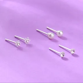 925 Pure Sterling Silver Set Of 3 Flower Crystal Pearl Stud Earring Pack