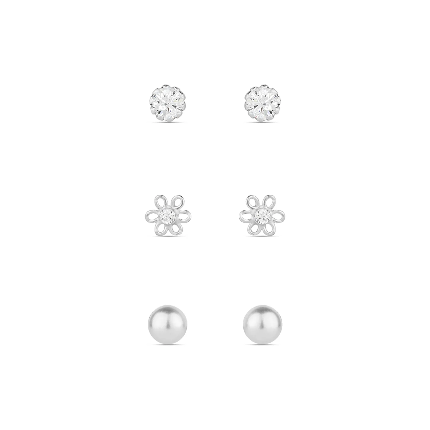 925 Pure Sterling Silver Set Of 3 Flower Crystal Pearl Stud Earring Pack