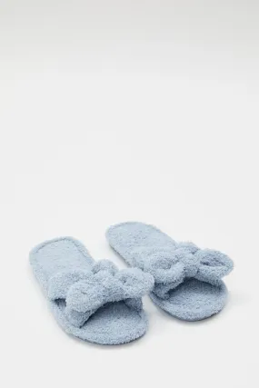 Blue Fluffy Bow Detail Slippers