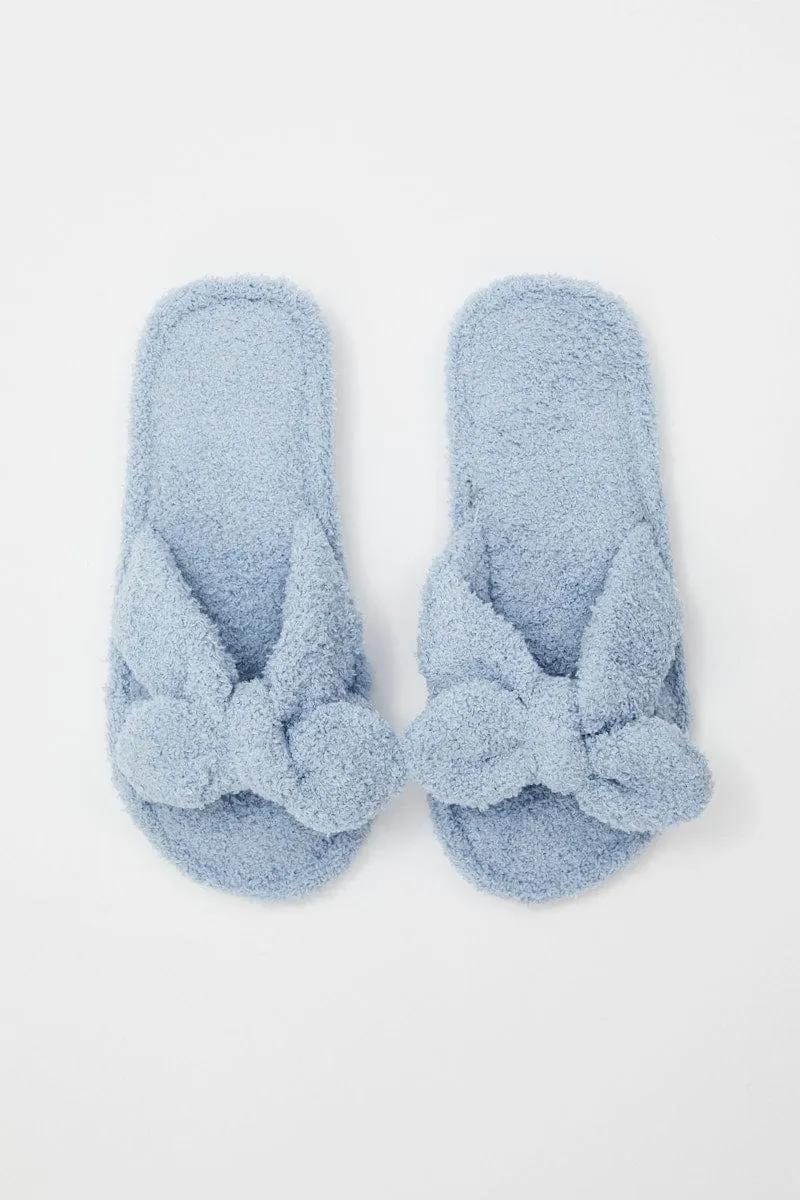 Blue Fluffy Bow Detail Slippers