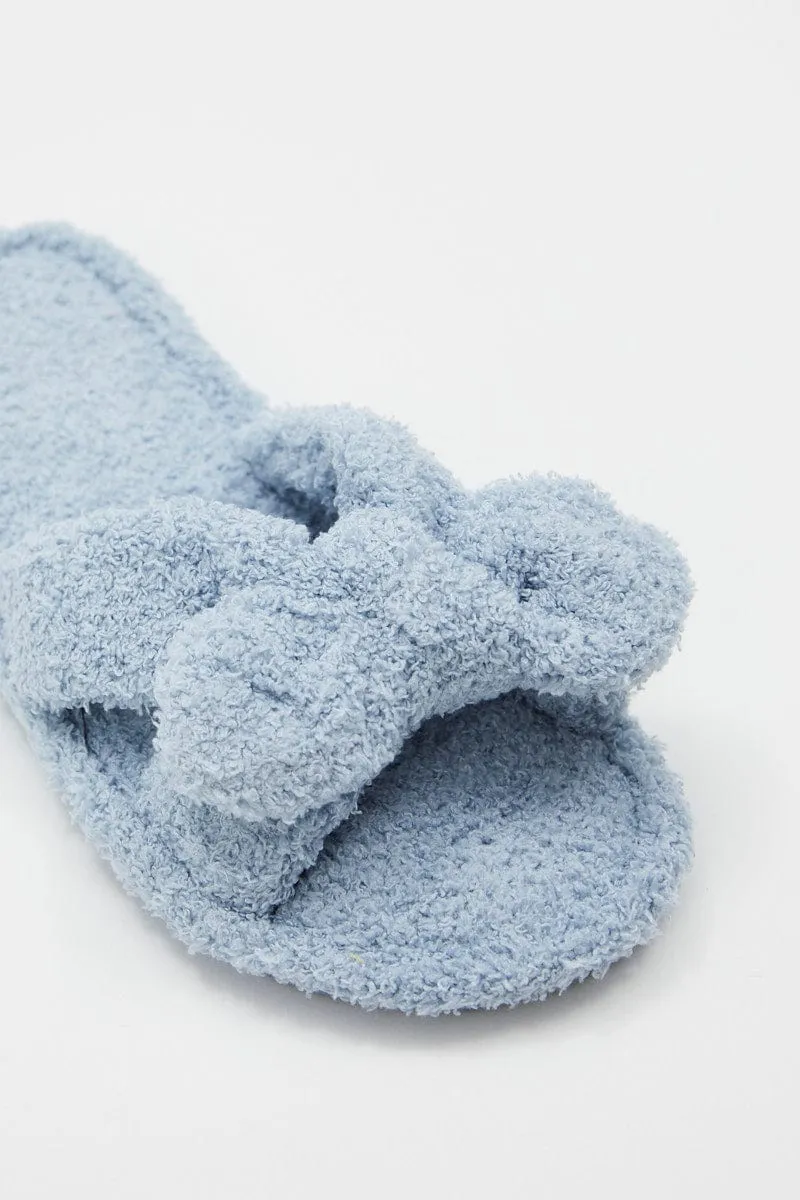 Blue Fluffy Bow Detail Slippers