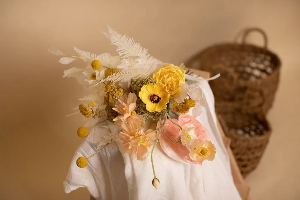 Colourful Dried & Artifiical Flowers Bridal Bouquet - Sunshine Yellow & Peach