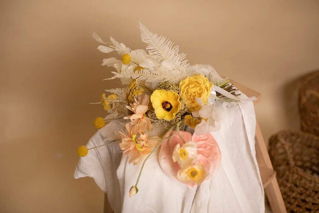 Colourful Dried & Artifiical Flowers Bridal Bouquet - Sunshine Yellow & Peach