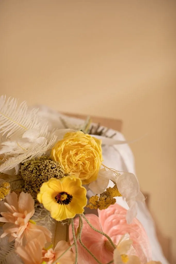 Colourful Dried & Artifiical Flowers Bridal Bouquet - Sunshine Yellow & Peach