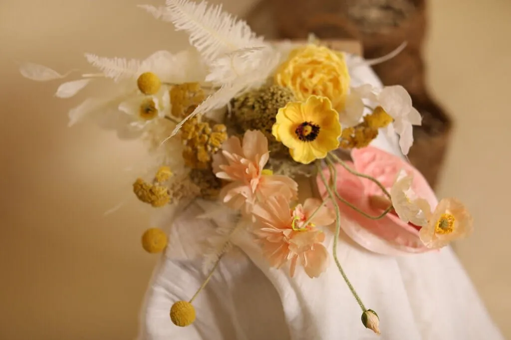 Colourful Dried & Artifiical Flowers Bridal Bouquet - Sunshine Yellow & Peach