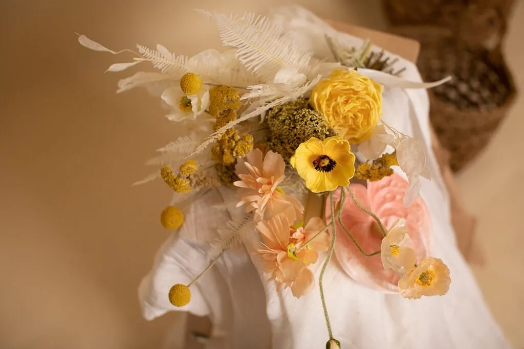 Colourful Dried & Artifiical Flowers Bridal Bouquet - Sunshine Yellow & Peach