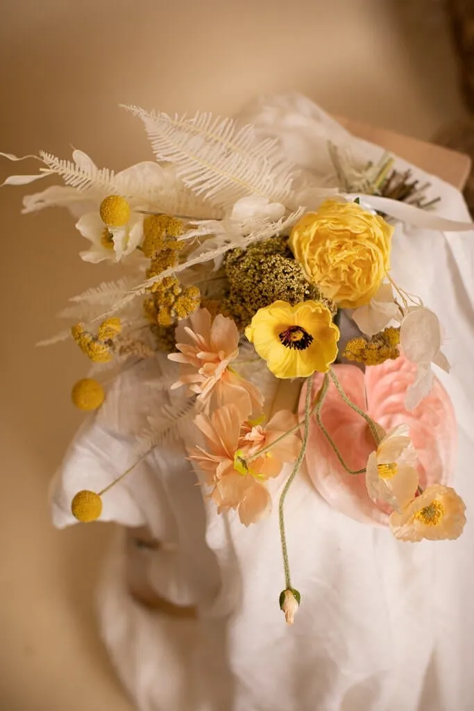 Colourful Dried & Artifiical Flowers Bridal Bouquet - Sunshine Yellow & Peach