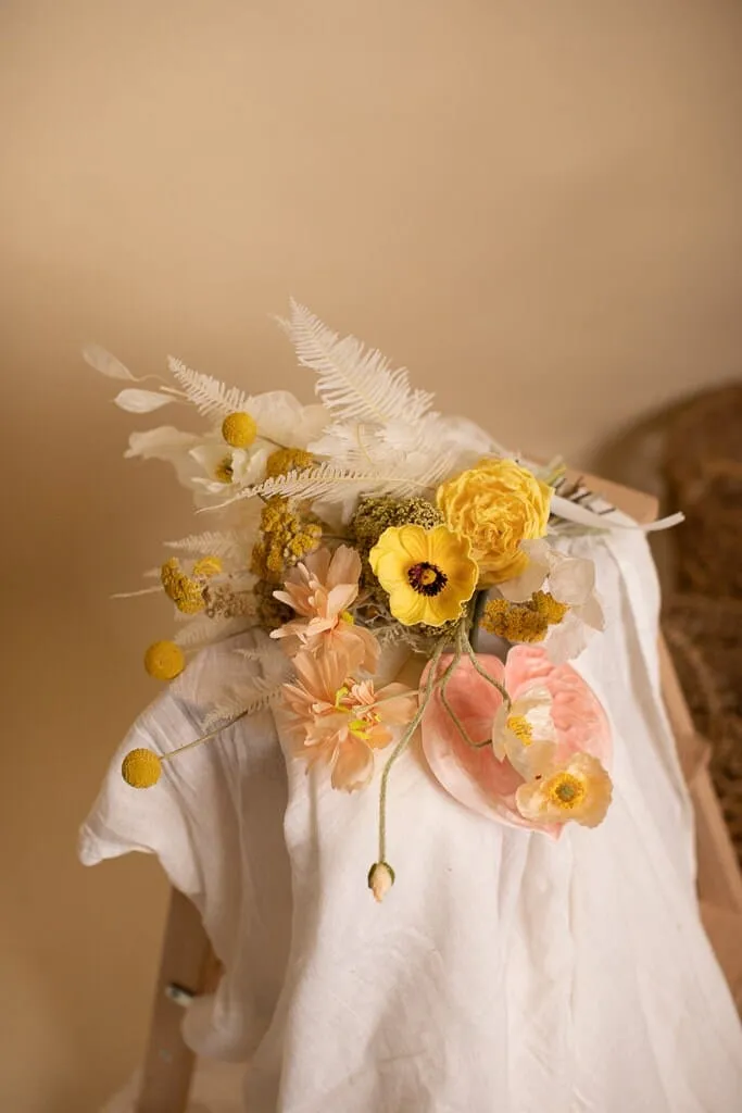 Colourful Dried & Artifiical Flowers Bridal Bouquet - Sunshine Yellow & Peach