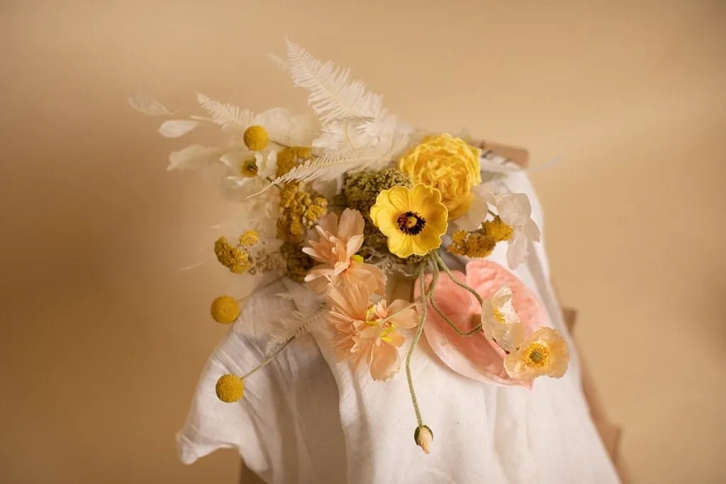 Colourful Dried & Artifiical Flowers Bridal Bouquet - Sunshine Yellow & Peach