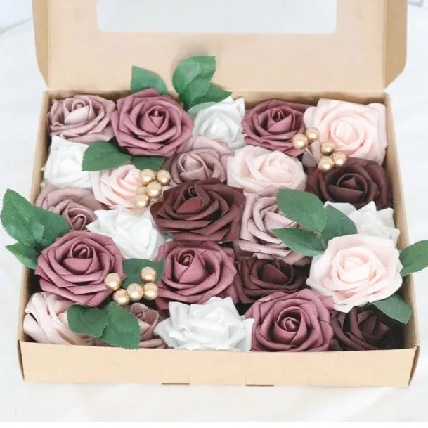 Dark Purple Pink Roses Flower Box Silk Flower for Wedding Party Decor Proposal