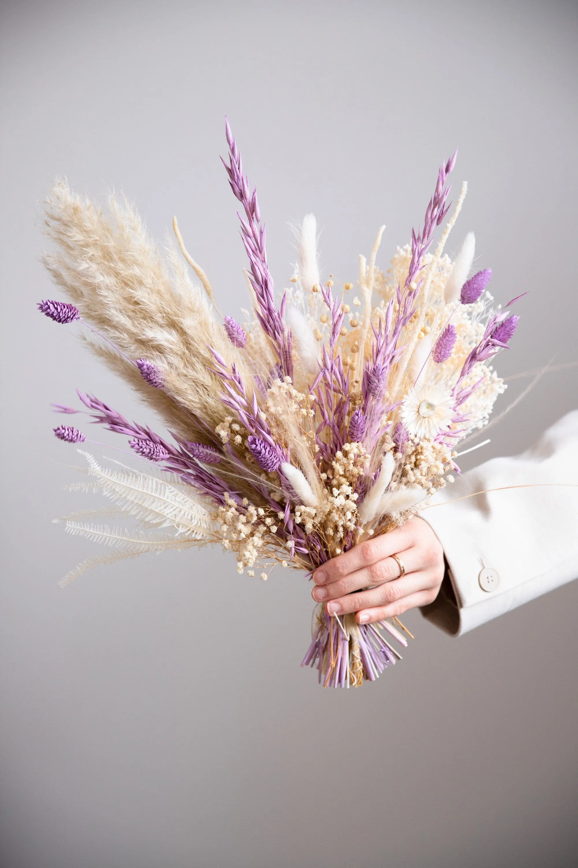 Dried Flowers Bridal Bouquet - Sandy Cream & Purple No. 2