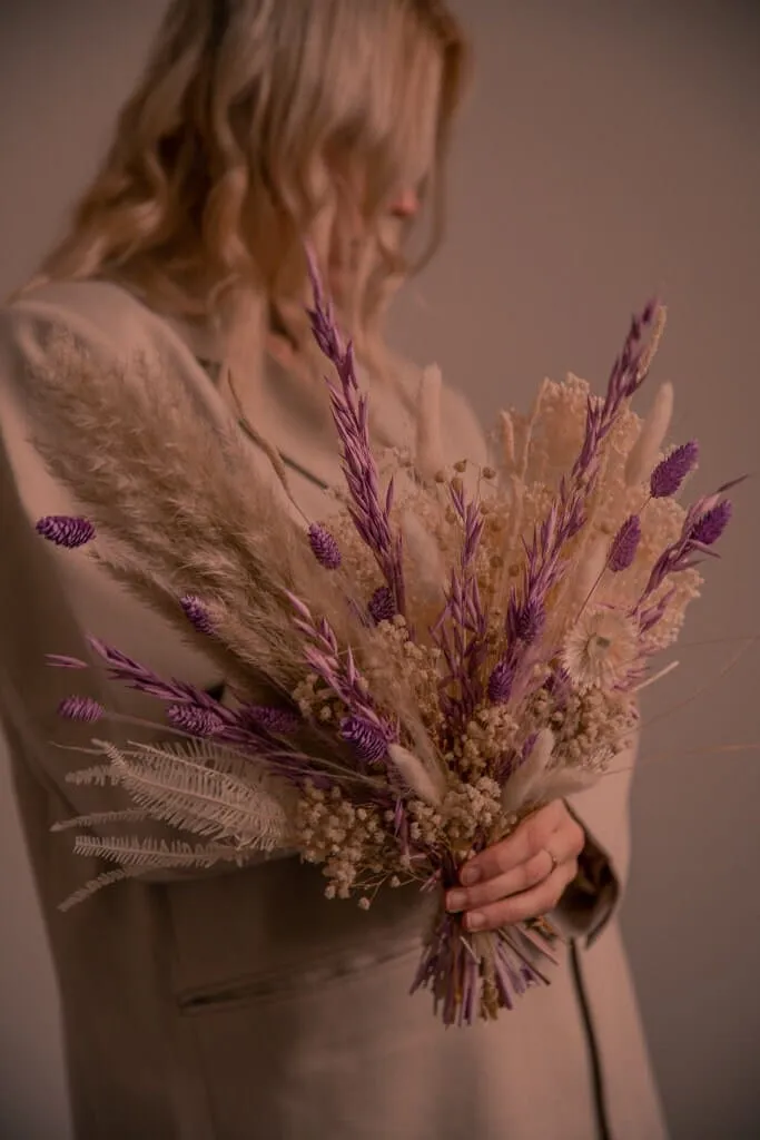 Dried Flowers Bridal Bouquet - Sandy Cream & Purple No. 2