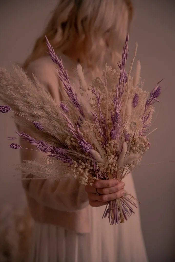 Dried Flowers Bridal Bouquet - Sandy Cream & Purple No. 2