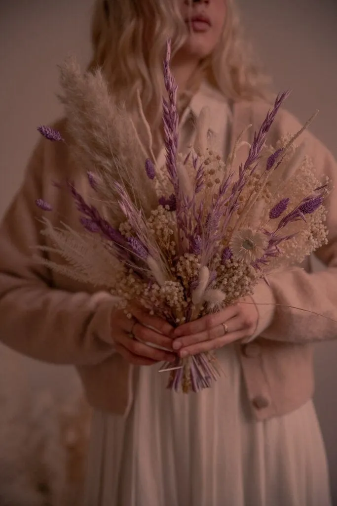 Dried Flowers Bridal Bouquet - Sandy Cream & Purple No. 2