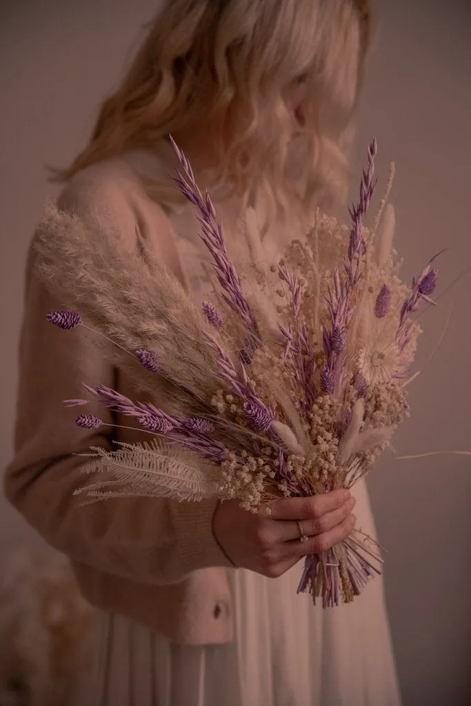 Dried Flowers Bridal Bouquet - Sandy Cream & Purple No. 2