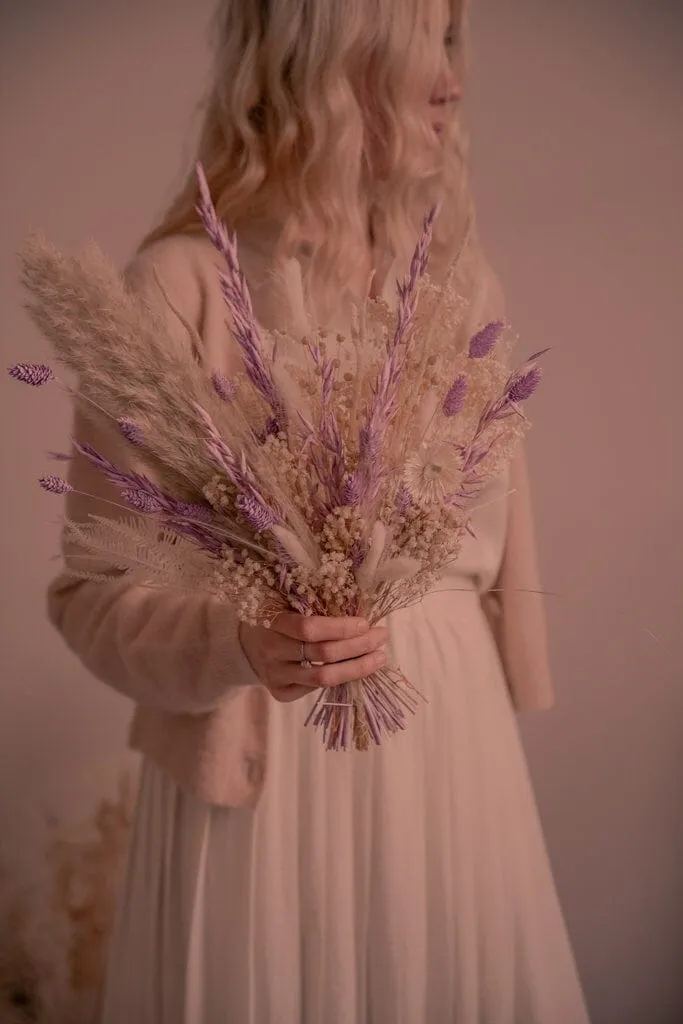 Dried Flowers Bridal Bouquet - Sandy Cream & Purple No. 2