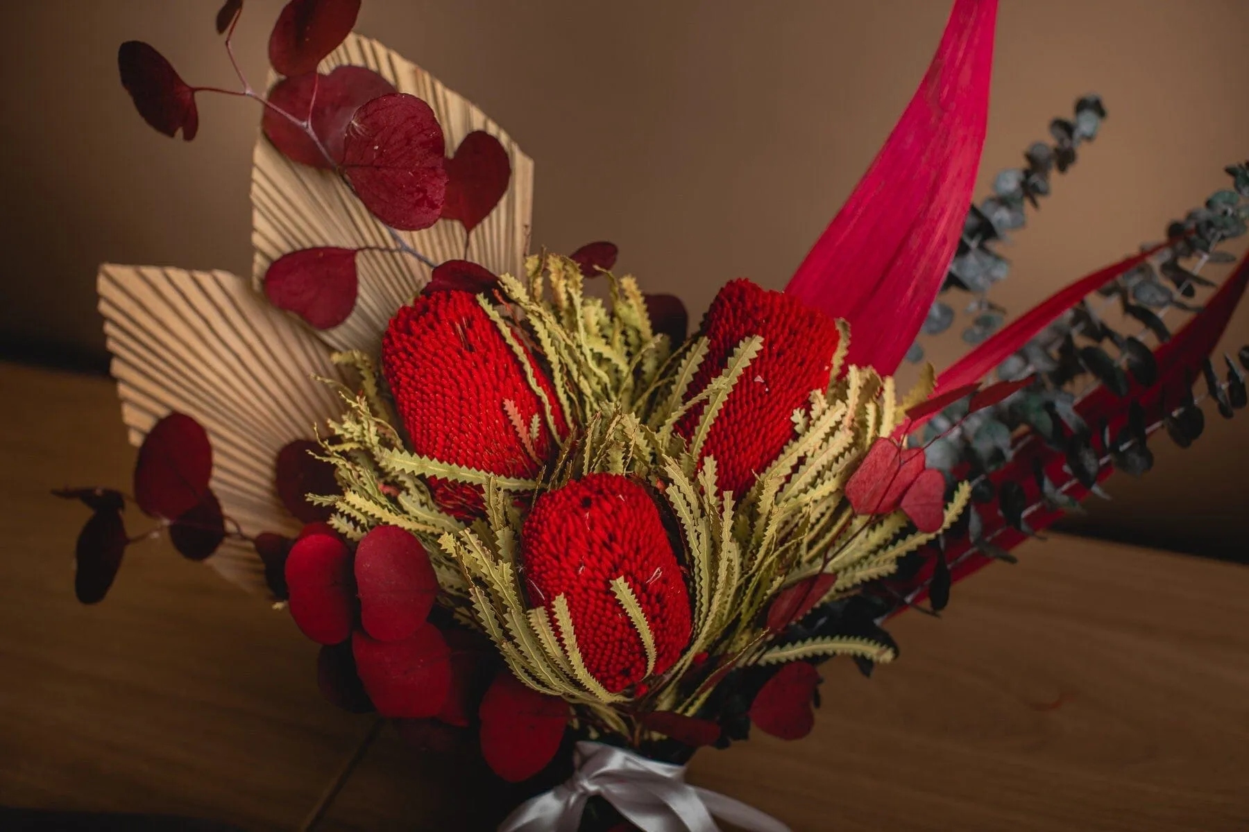 Dried Flowers Bridal Bouquet - Scarlet Red & Green