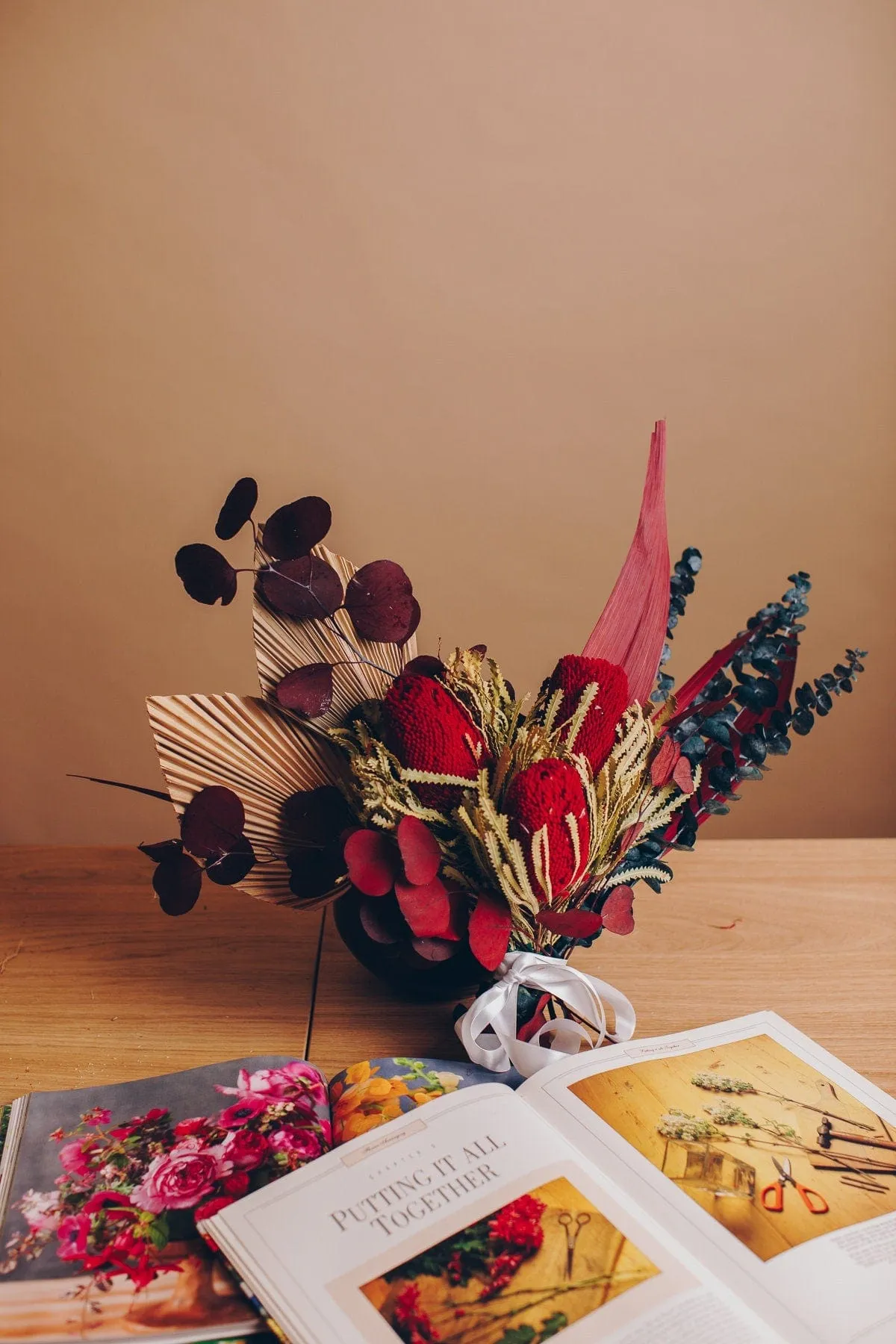 Dried Flowers Bridal Bouquet - Scarlet Red & Green