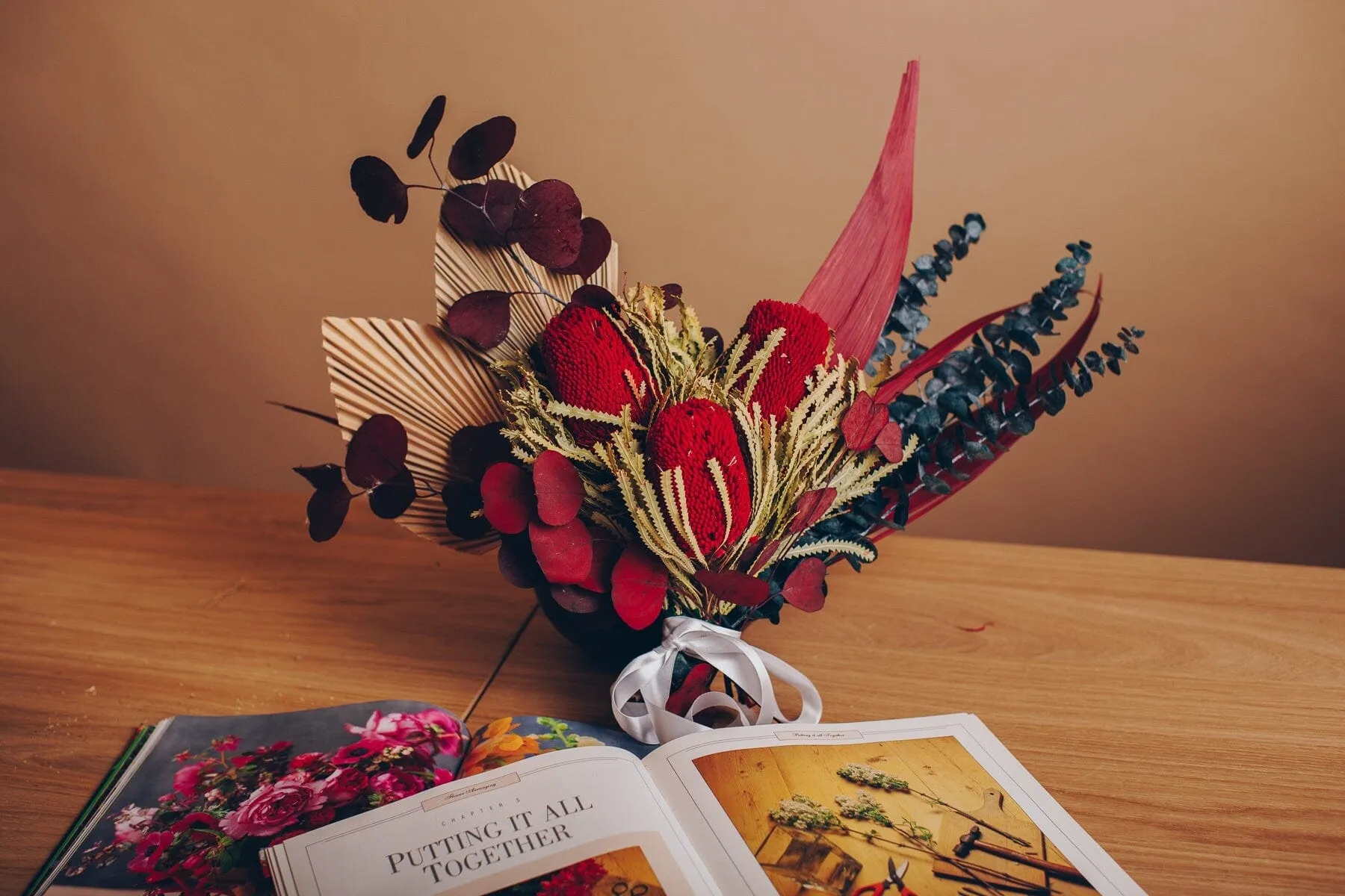 Dried Flowers Bridal Bouquet - Scarlet Red & Green