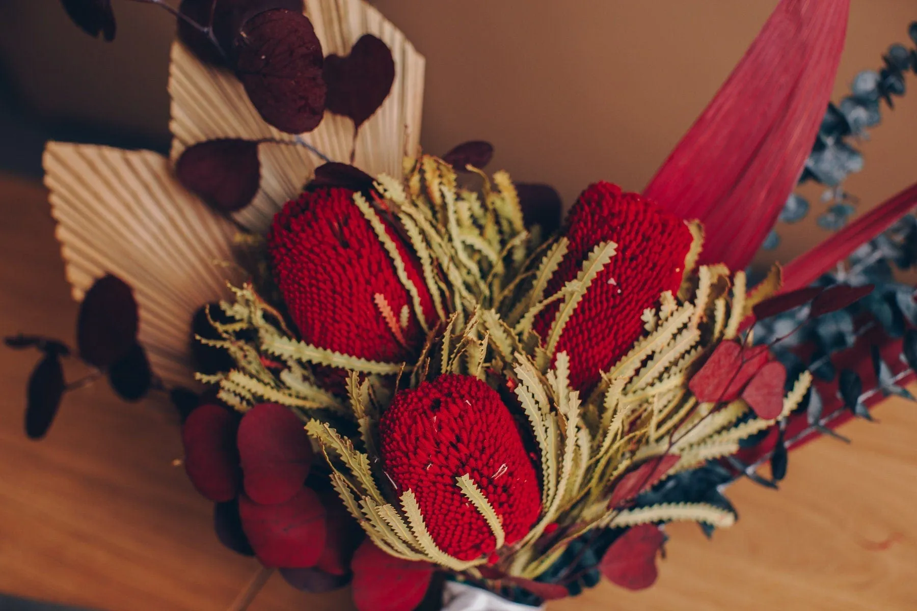 Dried Flowers Bridal Bouquet - Scarlet Red & Green