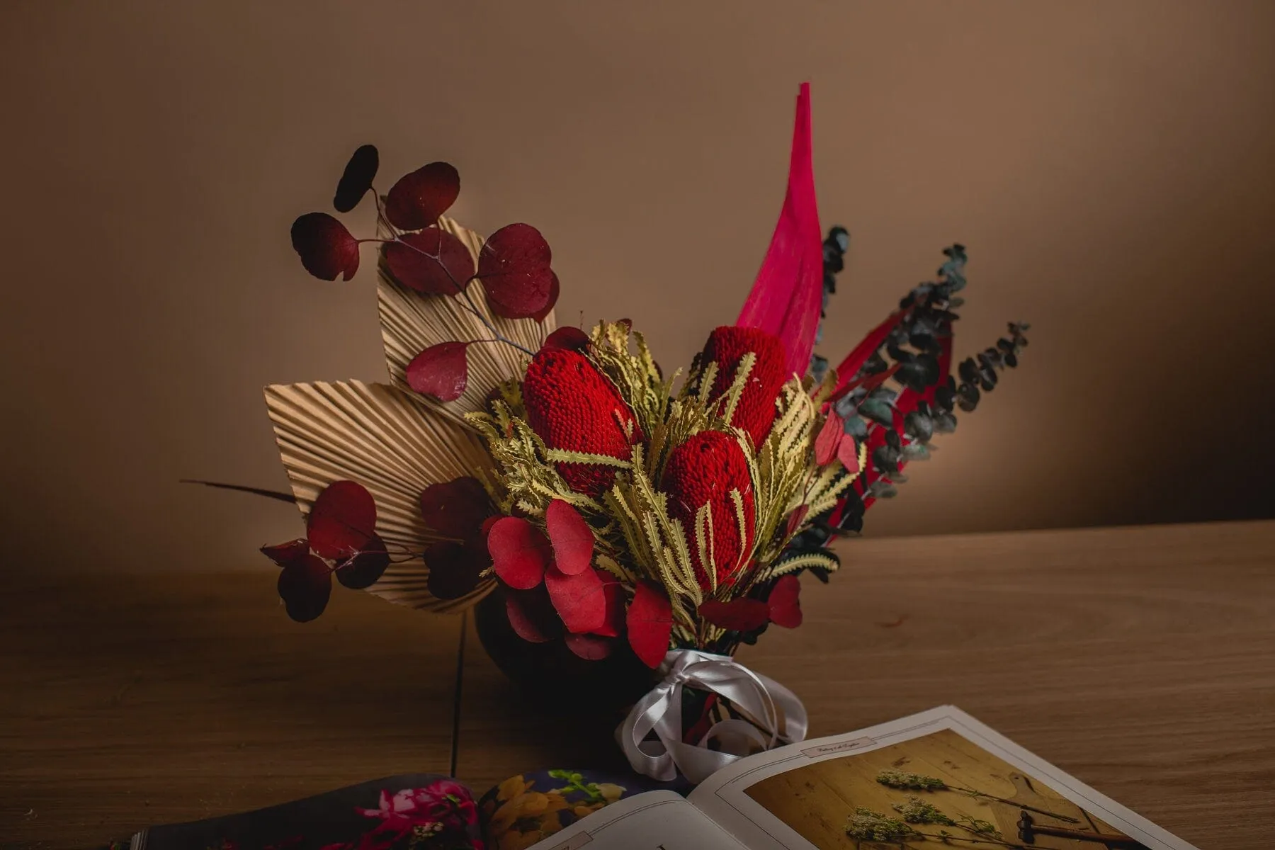 Dried Flowers Bridal Bouquet - Scarlet Red & Green