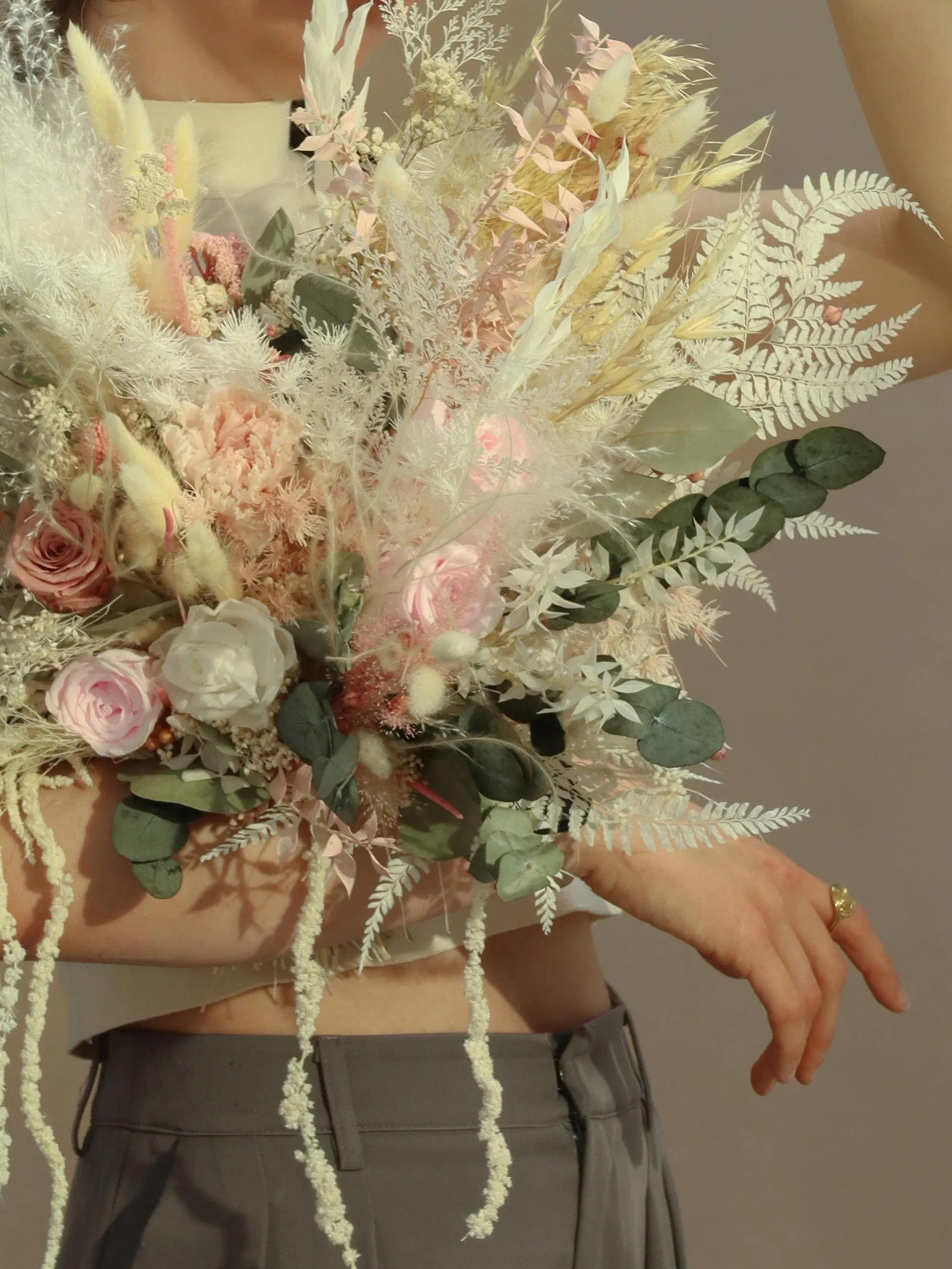 Dried Flowers Bridal Bouquet - Summer Green & White