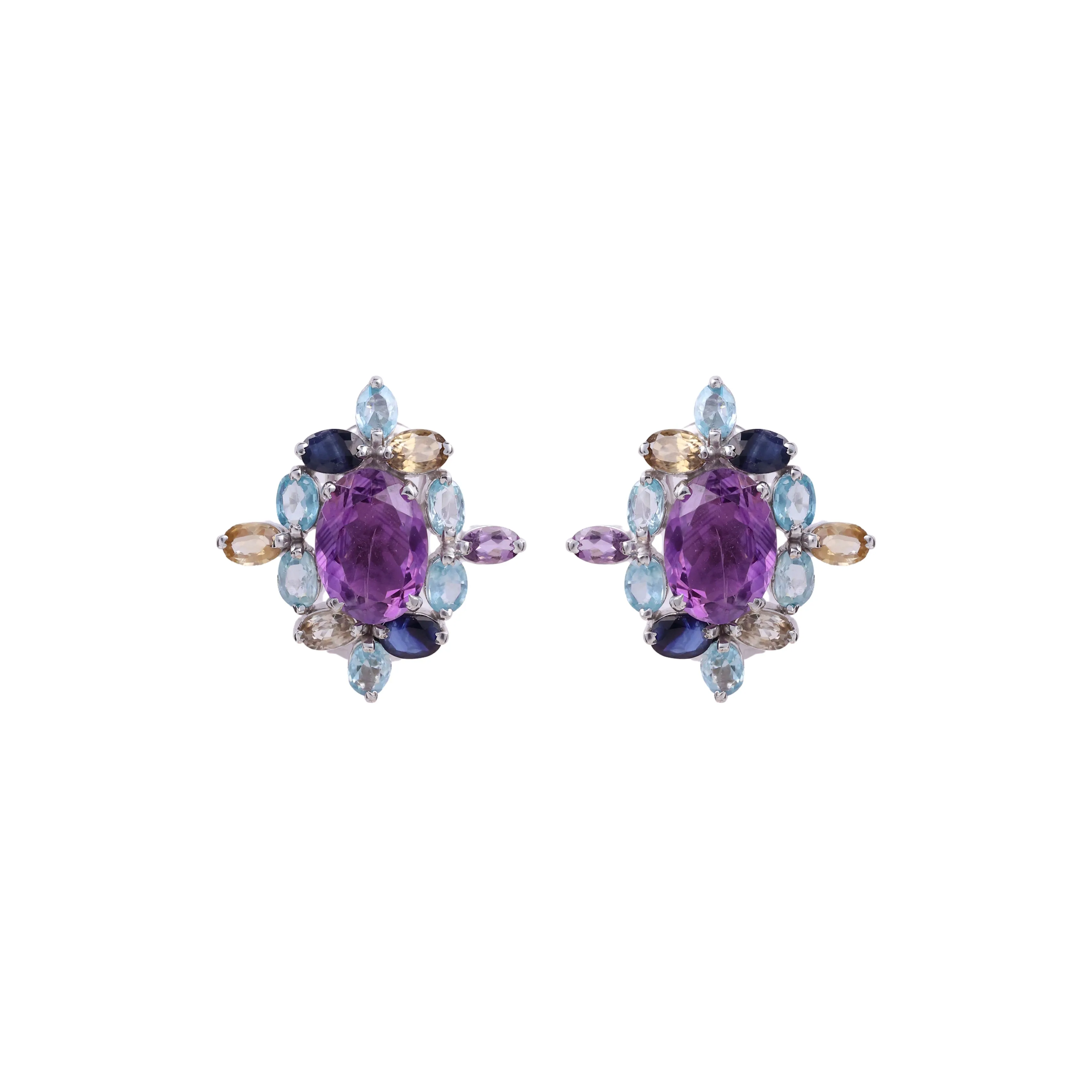 Earrings - Amethyst and Multi Gem Flower