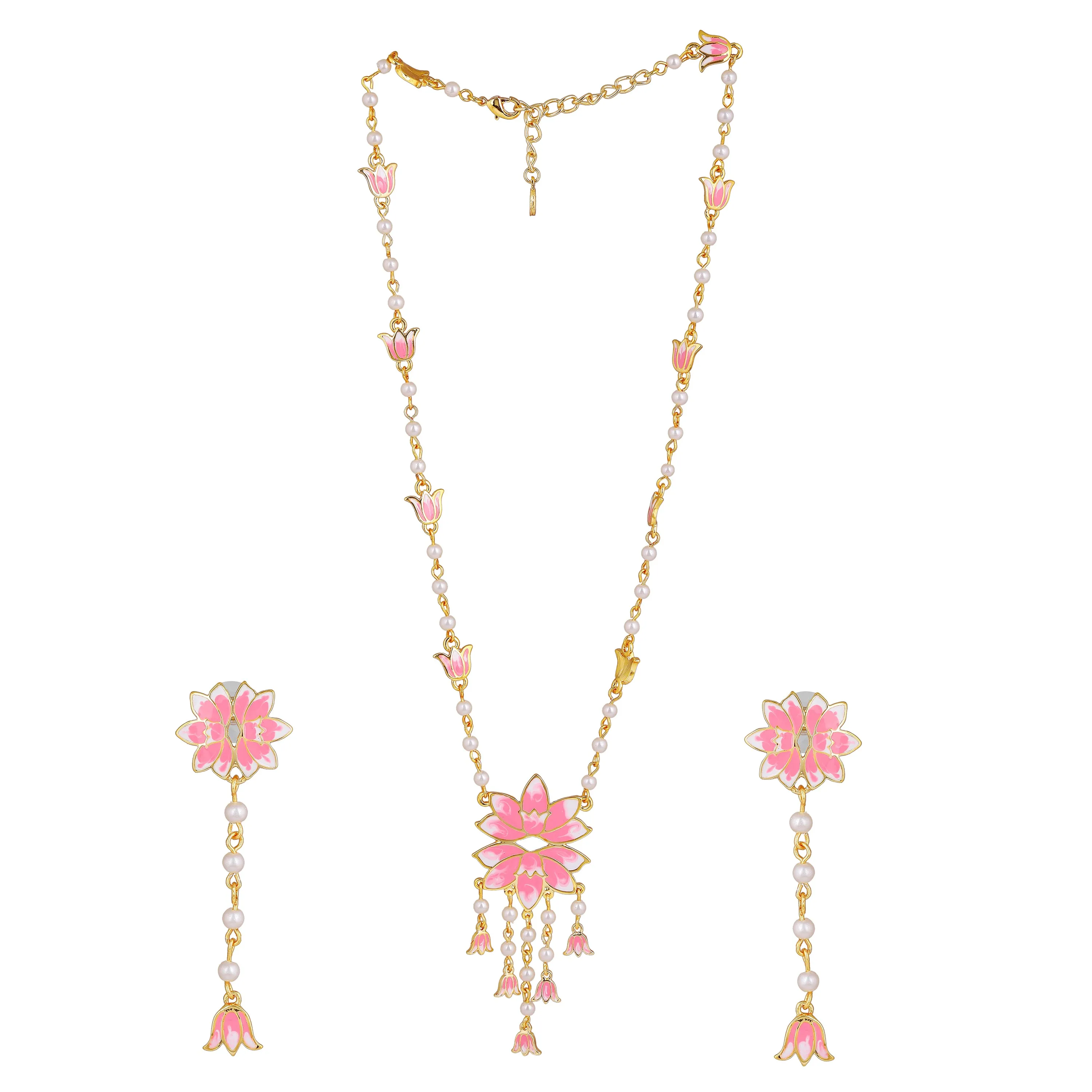 Estele Gold Plated Enchanting Lotus Designer Pearl Necklace Set with Pink Enamel for Girl's & Women