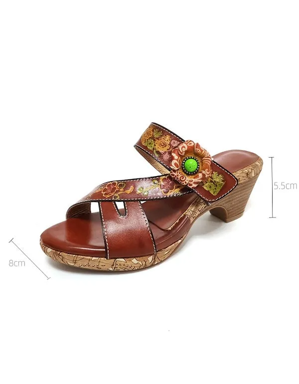 Ethnic Vintage Handmade Flowers Leather Slippers