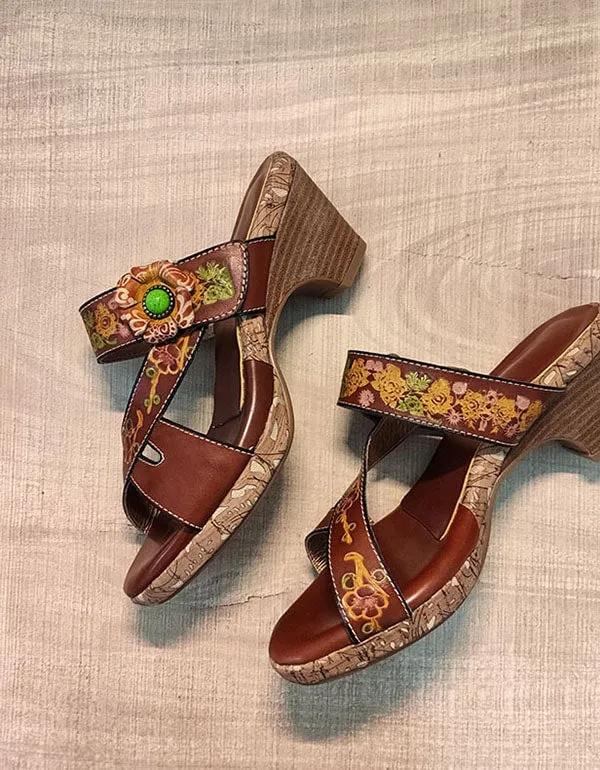 Ethnic Vintage Handmade Flowers Leather Slippers