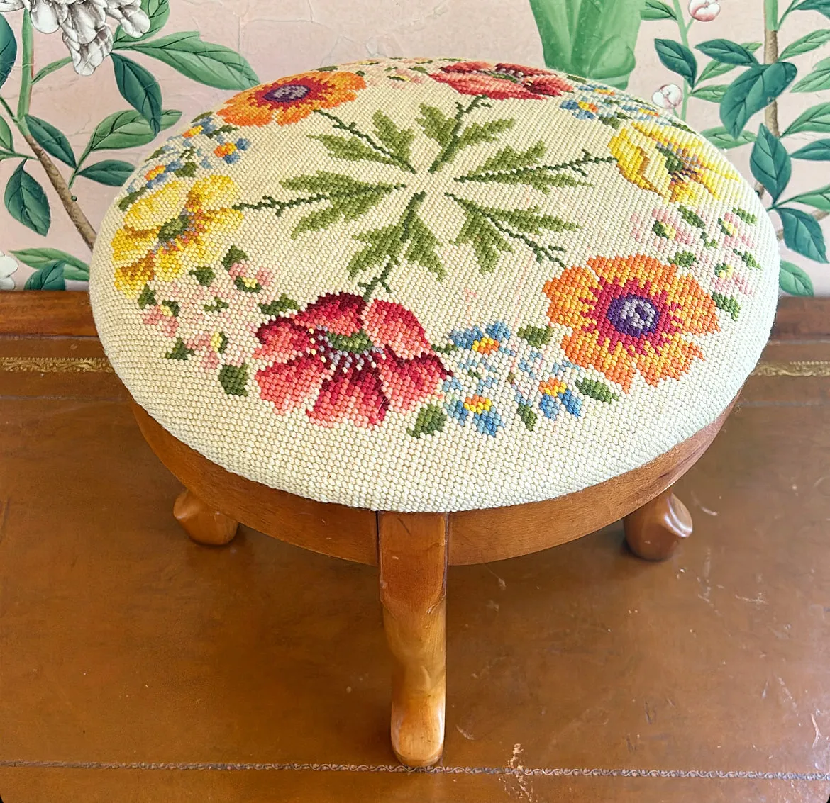 Fabulous hand stitched needlepoint round small footstool.