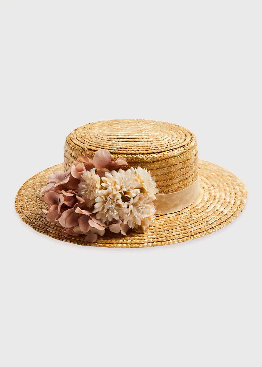 Faux Flower Straw Boater Hat in Pink