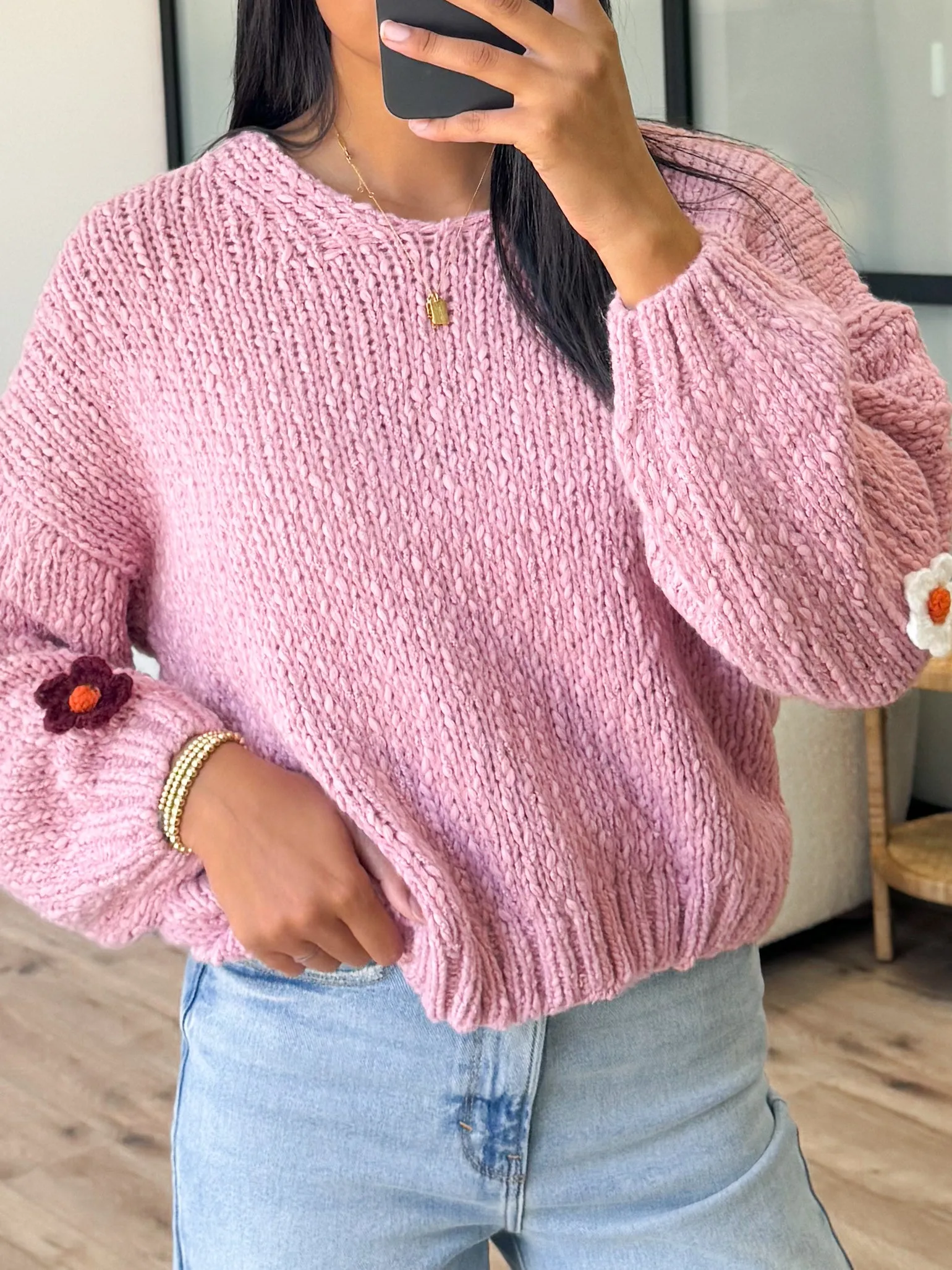 Flower Chunky Knit Sweater | Mauve | FINAL SALE