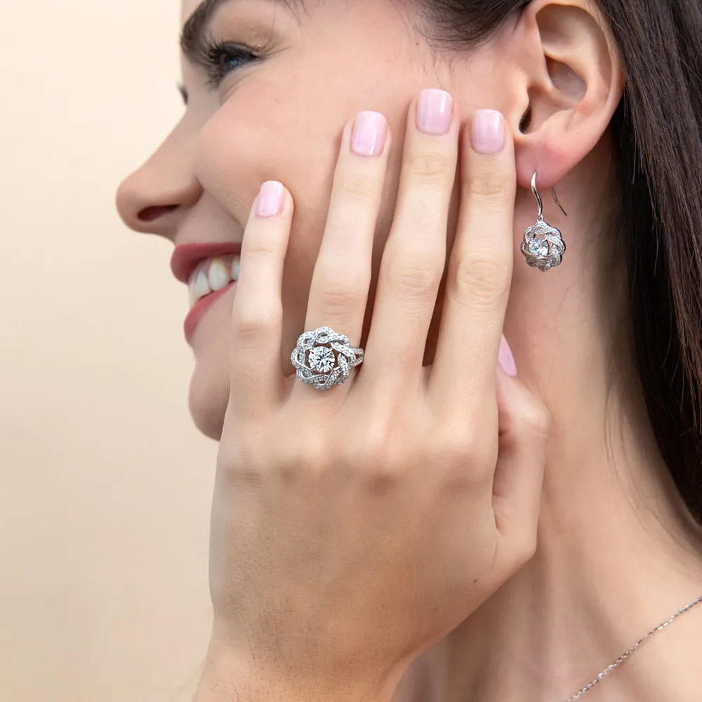 Flower Woven CZ Necklace and Earrings in Sterling Silver