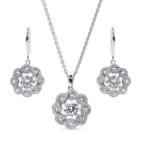 Flower Woven CZ Necklace and Earrings in Sterling Silver