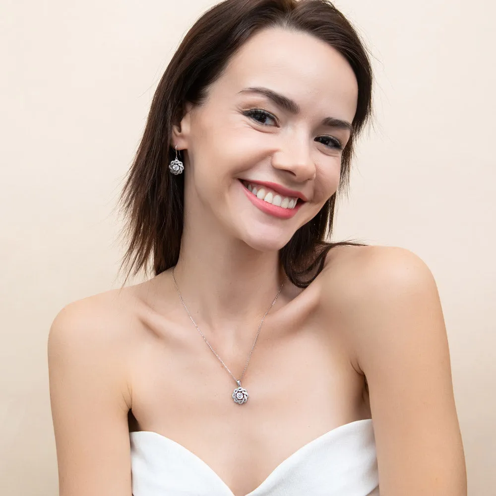 Flower Woven CZ Necklace and Earrings in Sterling Silver