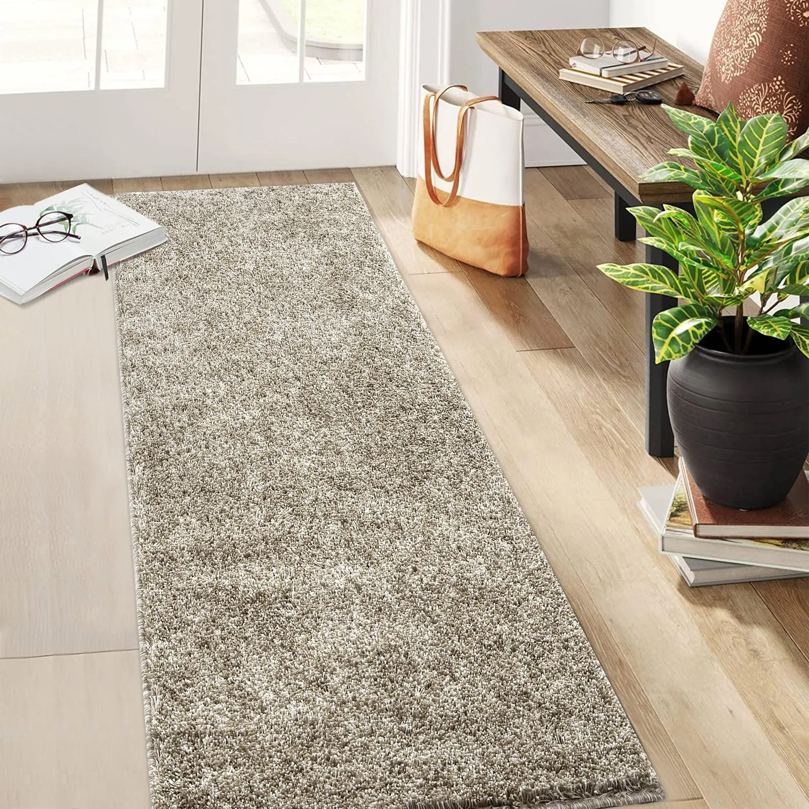 GARVEE Area Rug for Bedroom 2x10 Shag Rug for Living Room Fluffy Hallway Rug Fuzzy Entryway Rug Soft Plush Nursery Rugs Shaggy Office Carpet Aesthetic Rugs Non Sheeding Solid Rug Taupe