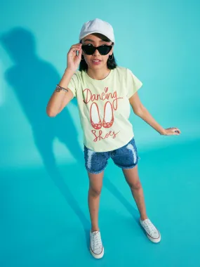 Girls Green Dancing Shoes T-Shirt With Denim Shorts