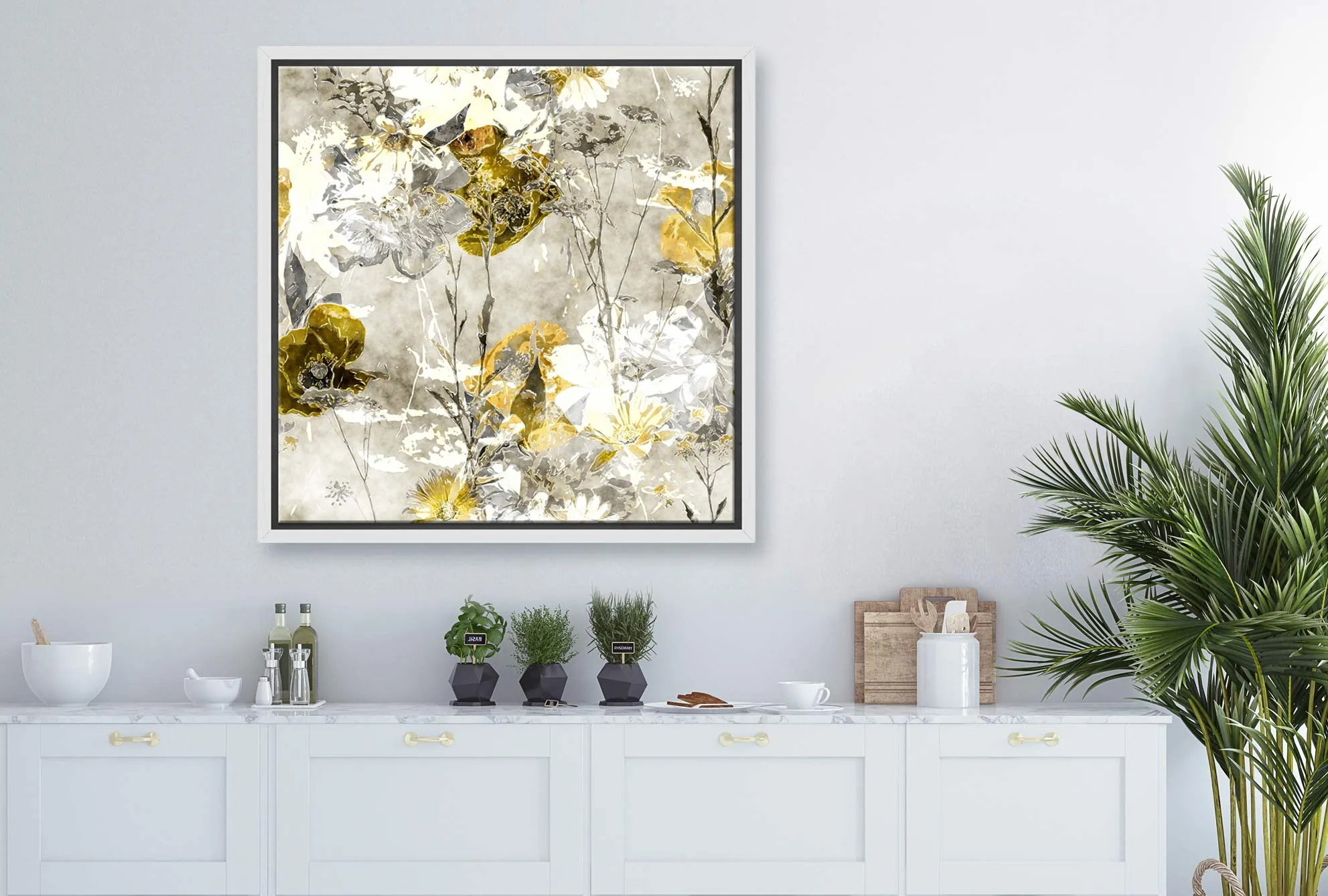 Gold & White Floral Abstract | Canvas Wall Art Print