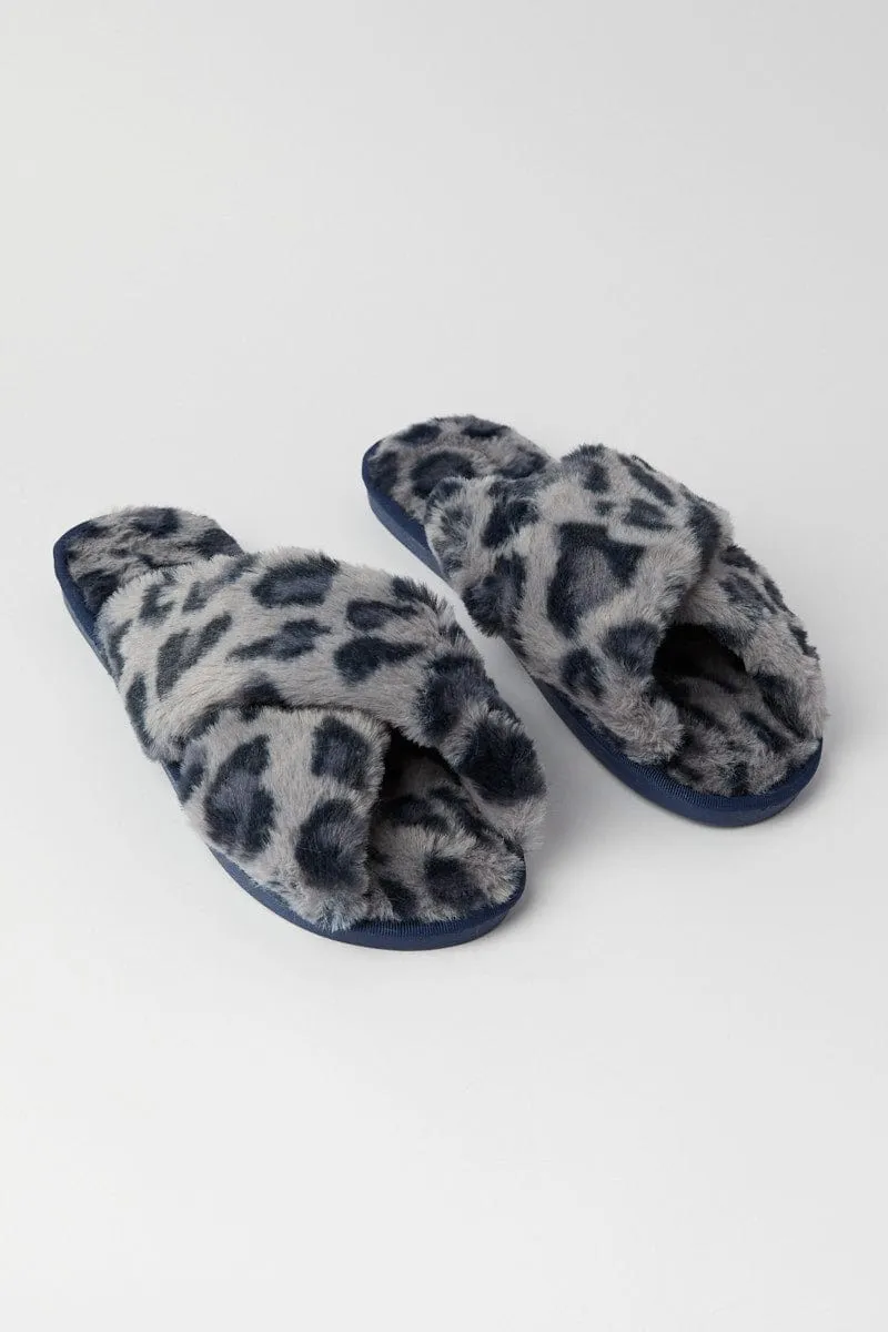 Grey Animal Print Faux Fur Slippers