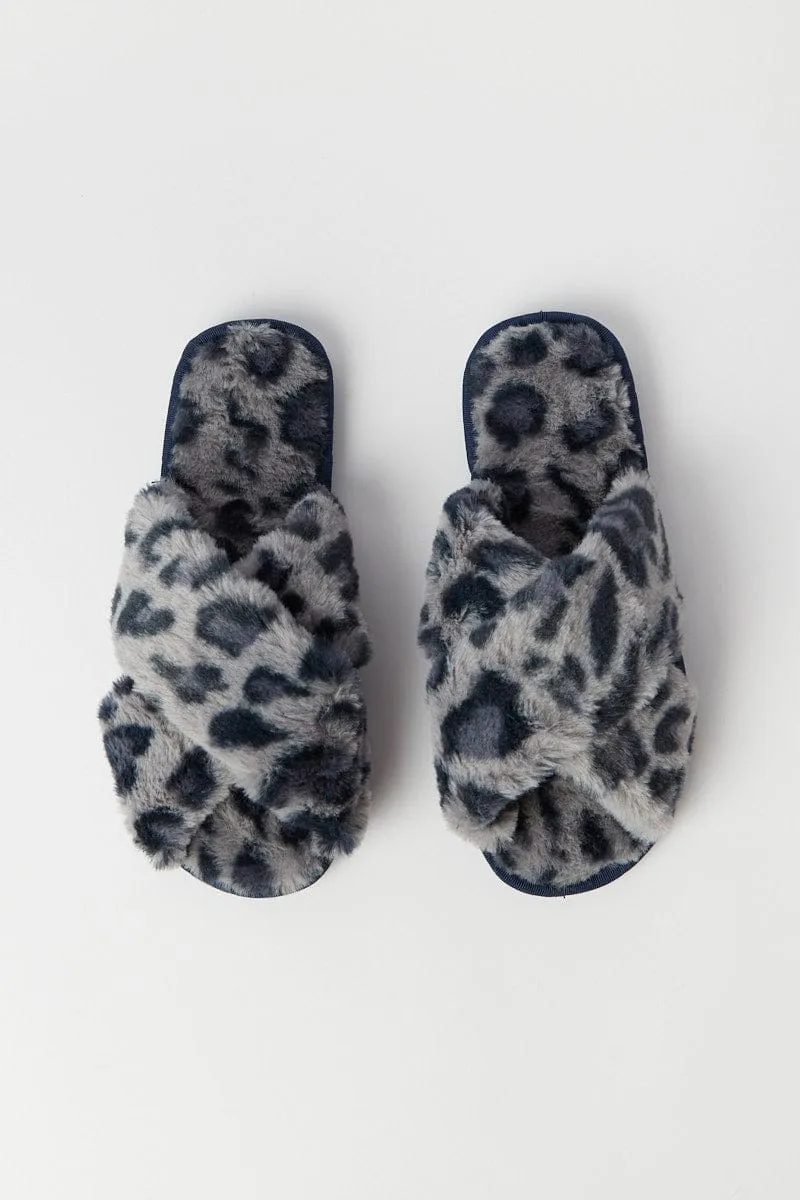 Grey Animal Print Faux Fur Slippers