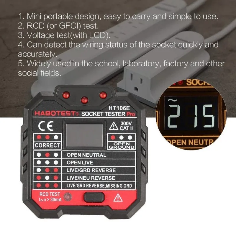 HABOTEST UK Digital Display Plug Socket Tester HT106E